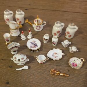 Floral Miniature Porcelain Set Of 21.  Trinkets/ Doll House/ Collectors